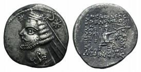 Kings of Parthia, Orodes II (c. 57-38 BC). AR Drachm (19mm, 3.86g, 1h). Rhagai. Diademed bust l., wearing torque terminating in hippocamp; star before...