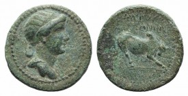 Livia (Augusta, AD 14-29). Cilicia, Augusta. Æ (14.5mm, 2.67g, 12h). Draped bust r. R/ Humped bull standing r. SNG BnF 1892; SNG Levante 1239. Green p...