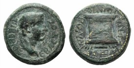 Tiberius (14-37). Ionia, Smyrna. Æ (16mm, 4.32g, 12h). Hieronymos, magistrate. Laureate head r. R/ Garlanded altar. RPC I 2470. Green patina, near VF