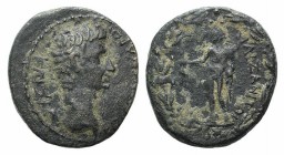 Tiberius (14-37). Phrygia, Aezanis. Æ (16mm, 3.07g, 12h). Bare head r. R/ Hermes standing l., holding purse and caduceus; all within wreath. RPC I 306...