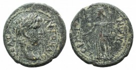 Titus (79-81). Mysia, Germe. Æ (20mm, 4.75g, 1h). Laureate head r. R/ Apollo standing facing, head l., holding patera and lyre. RPC II 926. Green pati...