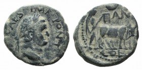 Titus (79-81). Pisidia, Antioch. Æ (21mm, 5.95g, 6h). Laureate head r. R/ Founder plowing r. with yoke of oxen. RPC II 1605; SNG BnF 1076. Green patin...