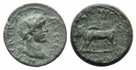 Trajan (98-117). Cilicia, Ninica-Claudiopolis. Æ (21mm, 8.14g, 5h). Laureate head r. R/ Yoke of oxen l. standard behind. SNG BnF -; SNG Levante 599. G...