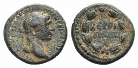 Trajan (98-117). Cyrrhestica, Beroea. Æ (19mm, 5.14g, 12h). Laureate head r. R/ Legend in two lines; A below; all within wreath. RPC III 3426; CRS 440...
