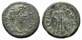 Marcus Aurelius (Caesar, 139-161). Mysia, Germe. Æ (20mm, 4.82g, 6h). Bare head r. R/ Herakles standing facing, head l., resting arm on club, holding ...