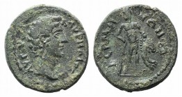 Marcus Aurelius (Caesar, 139-161). Mysia, Germe. Æ (20mm, 4.61g, 6h). Bare head r. R/ Herakles standing facing, head l., resting arm on club, holding ...
