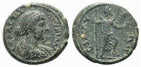 Lucilla (Augusta, 164-182). Pamphylia, Sillyum. Æ (25mm, 10.19g, 6h). Draped bust r. R/ Mên standing r., wearing Phrygian cap, foot on bucranium, hold...