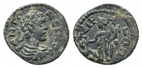 Elagabalus (218-222). Lydia, Thyateira. Æ (19mm, 4.13g, 6h). Laureate, draped and cuirassed bust r. R/ Tyche standing l., holding rudder and cornucopi...