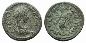 Elagabalus (218-222). Pisidia, Panemoteichos. Æ (20mm, 4.37g, 6h). Laureate, draped and cuirassed bust r. R/ Tyche standing l., holding rudder and cor...