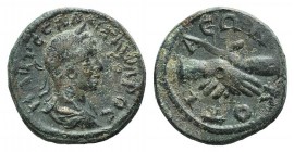 Severus Alexander (222-235). Phrygia, Cotiaeum. Æ (17mm, 2.48g, 1h). Laureate, draped and cuirassed bust r. R/ Clasped right hands. SNG Copenhagen -; ...