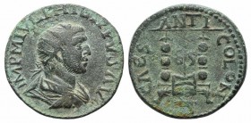 Philip I (244-249). Pisidia, Antioch. Æ (25mm, 9.61g, 6h). Radiate, draped and cuirassed bust r. R/ Vexxillum between two standards, all surmounted by...
