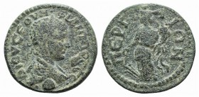 Philip II (Caesar, 244-247). Pamphylia, Perge. Æ (23mm, 5.88g, 12h). Laureate, draped and cuirassed bust r., seen from behind, set on globe. R/ Tyche ...