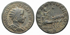 Philip II (247-249). Pisidia, Antioch. Æ (26mm, 10.25g, 6h). Radiate, draped and cuirassed bust r. R/ Philip driving quadriga r., holding reins and ea...
