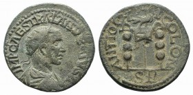 Trajan Decius (249-251). Pisidia, Antioch. Æ (25mm, 8.39g, 6h). Radiate, draped and cuirassed bust r. R/ Legionary aquila between two military standar...