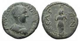 Hostilian (AD 251). Pisidia, Selge. Æ (22mm, 5.97g, 12h). Bare-headed, draped and cuirassed bust r. R/ Nemesis standing l., holding sceptre and raisin...