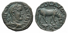 Valerian I (253-260). Troas, Alexandria. Æ (19mm, 4.44g, 12h). Laureate and draped bust r., seen from behind. R/ Horse grazing r. Bellinger A436; SNG ...