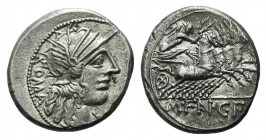 M. Fannius C.f. Rome, 123, AR Denarius (17mm, 3.92g, 6h). Helmeted head of Roma r. R/ Victory driving galloping quadriga r., holding reins and wreath....