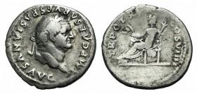 Vespasian (69-79). AR Denarius (18mm, 3.05g, 6h). Rome, AD 79. Laureate head r. R/ Ceres seated l., holding corn ears, poppy and torch. RIC II 1062; R...