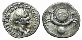 Divus Vespasian (died 79). AR Denarius (18mm, 3.23g, 6h). Rome, 80-1. Laureate head r. R/ Foreparts of two capricorns springing in opposing directions...