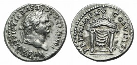 Titus (79-81). AR Denarius (17mm, 3.29g, 6h). Rome, 79-80. Laureate head r. R/ Throne with back in form of a diadem. RIC II24a; RSC 313. Good VF