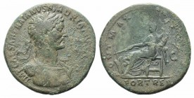 Hadrian (117-138). Æ Sestertius (33mm, 22.53g, 6h). Rome, AD 117. Laureate bust r., slight drapery. R/ Fortuna seated lefl.,t, holding rudder and corn...