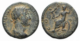 Hadrian (117-138). Æ Semis (17mm, 4.53g, 6h). Rome, c. 124-8. Laureate and draped bust r. R/ Roma seated l. on cuirass, holding Victory and spear; shi...
