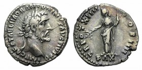 Antoninus Pius (138-161). AR Denarius (17mm, 3.19g, 6h). Rome, 151-2. Laureate head r. R/ Pax standing l., holding branch in her r. hand and long scep...