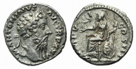 Marcus Aurelius (161-180). AR Denarius (17mm, 3.13g, 6h). Rome, AD 172. Laureate head r. R/ Roma seated l., holding Victory and spear; shield at her s...