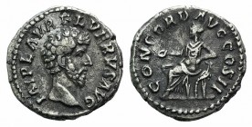 Lucius Verus (161-169). AR Denarius (17mm, 3.31g, 6h). Rome, 161. Bareheaded and cuirassed bust r. R/ Concordia seated l., holding patera, l. elbow le...