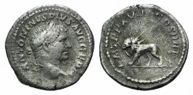 Caracalla (198-217). AR Denarius (17mm, 2.91g, 7h). Rome, AD 215. Laureate head r. R/ Lion, radiate, advancing l. holding thunderbolt in its mouth. RI...