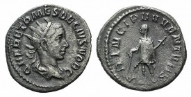 Herennius Etruscus (Caesar, 249-251). AR Antoninianus (21mm, 3.48g, 2h). Rome, AD 250. Radiate and draped bust r. R/ Herennius standing l., holding ba...