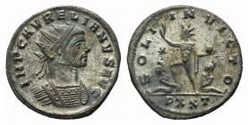 Aurelian (270-275). Radiate (21.5mm, 3.59g, 12h). Ticinum, AD 274. Radiate and cuirassed bust r. R/ Sol standing l., spurning captive, extending hand ...