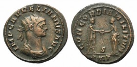 Aurelian (270-275). Radiate (20mm, 3.97g, 5h). Siscia, 270-5. Radiate and cuirassed bust r. R/ Aurelian standing r., clasping hands with Concordia sta...