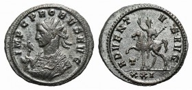 Probus (276-282). Radiate (21mm, 3.22g, 6h). Siscia. Radiate and mantled bust l., holding eagle-tipped sceptre. R/ Probus on horseback riding l., rais...