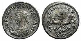 Probus (276-282). Radiate (22mm, 4.01g, 6h). Cyzicus, AD 281. Radiate bust l. in imperial mantle, holding sceptre surmounted by eagle. R/ Sol driving ...