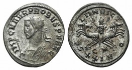Probus (276-282). Radiate (24mm, 3.94g, 6h). Cyzicus, AD 281. Radiate bust l. in imperial mantle, holding sceptre surmounted by eagle. R/ Sol driving ...