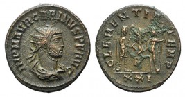 Carinus (283-285). Radiate (20mm, 3.42g, 12h). Cyzicus, 283-5. Radiate, draped and cuirassed bust r. R/ Emperor standing r., holding sceptre, receivin...