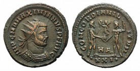 Maximianus (286-305). Radiate (21mm, 3.90g, 12h) Heraclea, 286-305. Radiate and cuirassed bust r. R/ Emperor standing r., holding sceptre, receiving V...