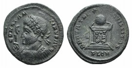 Constantine I (307-337). Æ Follis (18mm, 3.02g, 6h). Londinium, 320-1. Laureate and mantled bust l., holding eagle-tipped sceptre. R/ Globe set on ins...