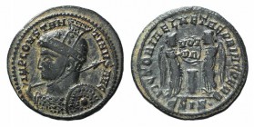 Constantine I (307-337). Æ Follis (20mm, 2.89g, 6h). Siscia, 319-320. Helmeted and cuirassed bust l., holding spear over shoulder and shield. R/ Two V...