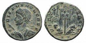 Crispus (Caesar, 316-326). Æ Follis (17mm, 2.77g, 12h). Ticinum, 319-320. Laureate and cuirassed bust l., with spear and shield. R/ Standard inscribed...