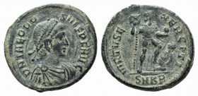 Theodosius I (379-395). Æ (22mm, 5.73g, 6h). Cyzicus, 383-8. Diademed, draped and cuirassed bust r. R/ Emperor standing facing, head r., foot on capti...