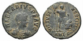 Arcadius (383-408). Æ (21mm, 4.85g, 6h). Antioch, 383-8. Diademed, draped and cuirassed bust r. R/ Emperor standing r., holding labarum and globe, spu...
