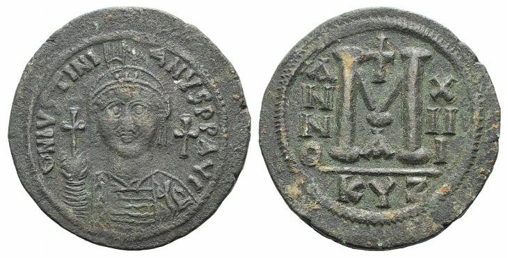 Justinian I (527-565). Æ 40 Nummi (39mm, 22.62g, 6h). Cyzicus, year 13 (539/40)....