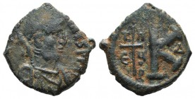 Justinian I (527-565). Æ 20 Nummi (25mm, 7.26g, 12h). Theoupolis (Antioch), 533-537. Pearl-diademed, draped, and cuirassed bust r. R/ Large K; to l., ...