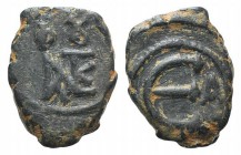 Justin II (565-578). Æ 5 Nummi (15mm, 1.84g, 12h). Constantinople. Monogram. R/ Large Є; A to r. MIBE 45; DOC 60a; Sear 363. Brown patina, VF