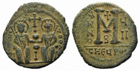 Justin II and Sophia (565-578). Æ 40 Nummi (33mm, 13.61g, 6h). Theoupolis (Antioch), year 7 (571/2). Nimbate figures of Justin and Sophia seated facin...