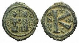 Justin II and Sophia (565-578). Æ 20 Nummi (25mm, 7.26g, 12h). Antioch, year 11 (575/6). Justin, on l., and Sophia, on r., seated facing on a double t...