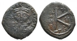 Maurice Tiberius (582-602). Æ 20 Nummi (21mm, 5.14g, 6h). Thessalonica, year 3 (584/5). Helmeted and cuirassed facing bust, holding globus cruciger. R...