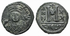 Maurice Tiberius (582-602). Æ 40 Nummi (27mm, 10.78g, 6h). Antioch, year 20 (601/2). Facing bust, holding mappa and sceptre. R/ Large M; date across f...